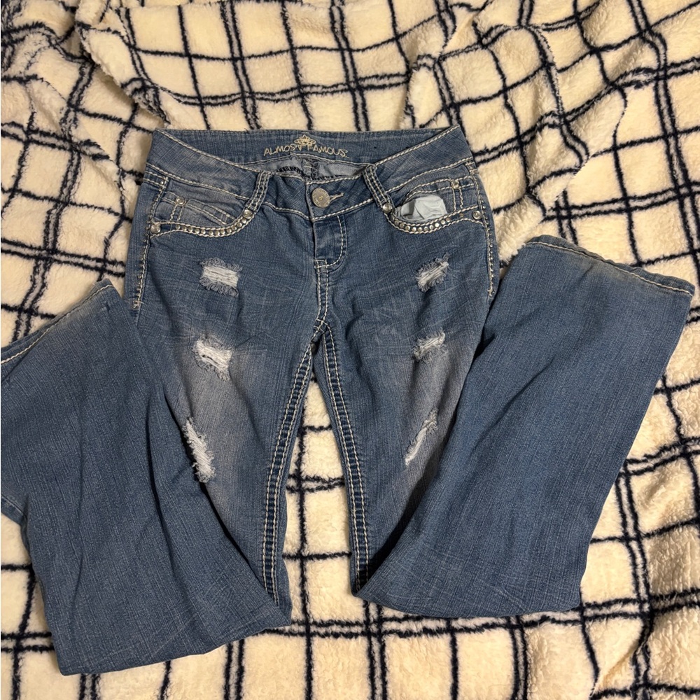 Almost Famous low rise Blue Flare Jeans with Distressing